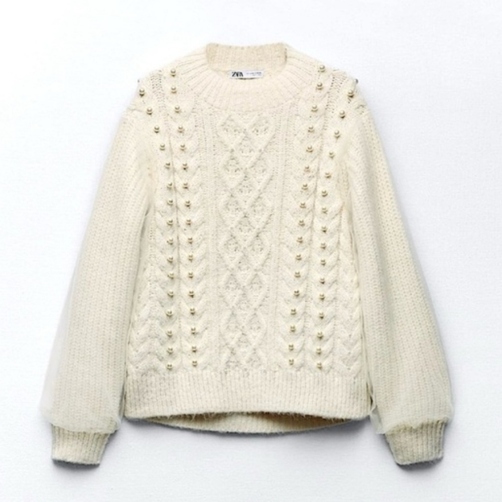 Zara Ivory Pearl Chunky Knit Tulle Sweater sz L / XL